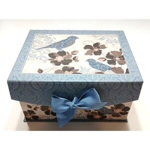 Decorative Gift Box Hook And Loop Closure Blue Bow Birds Florals Cottage